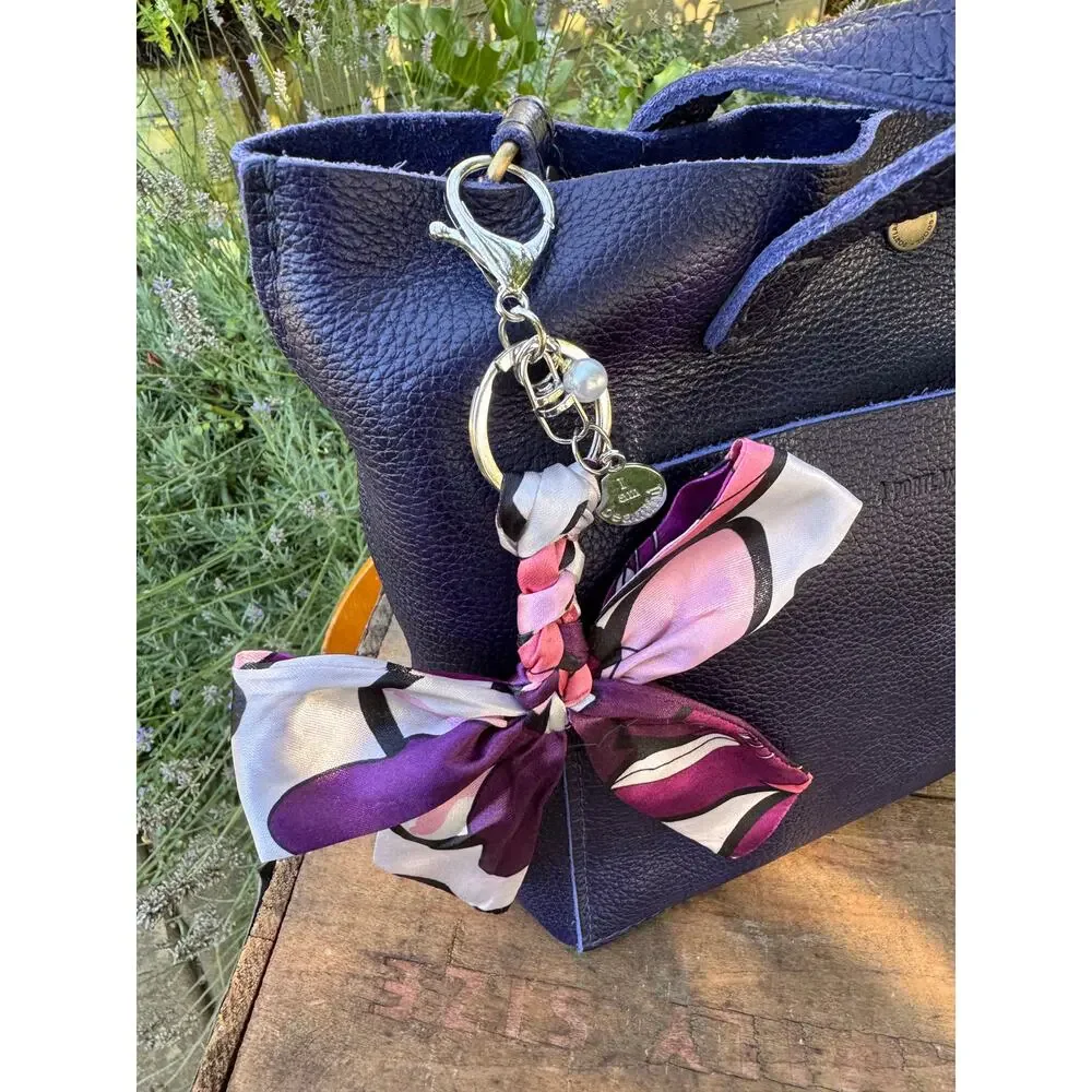 Satin Black Purple Pink Floral Print Bow Bag Charm Floral Purse Charm